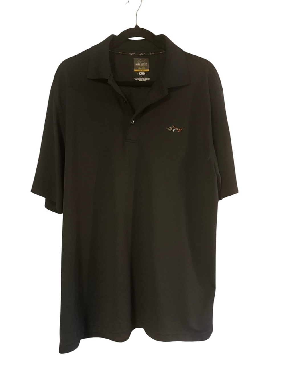 Greg Norman Collection Black Polo with Small Multicolor Shark Logo size large